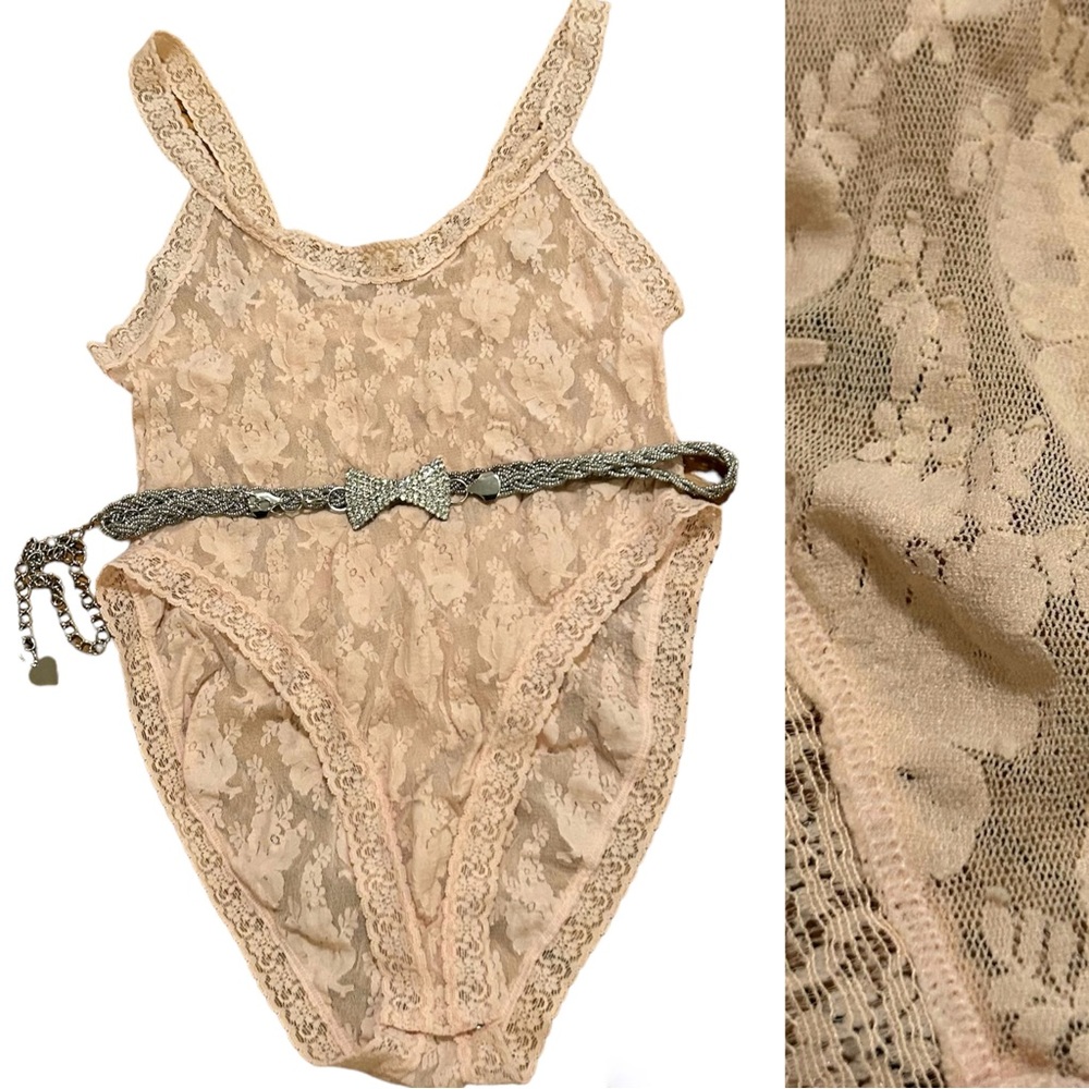1970s Vintage Vanity Fair Sheer Pink Lace Pin Up Girl Style Bodysuit Teddy